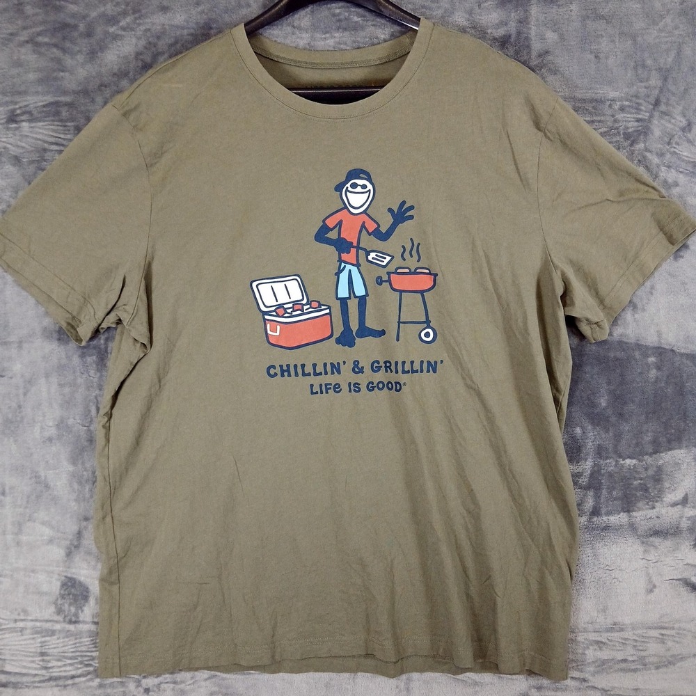 Life Is Good Shirt‎ Mens 2XL Green Chillin Grillin BBQ Graphic Cotton Casual